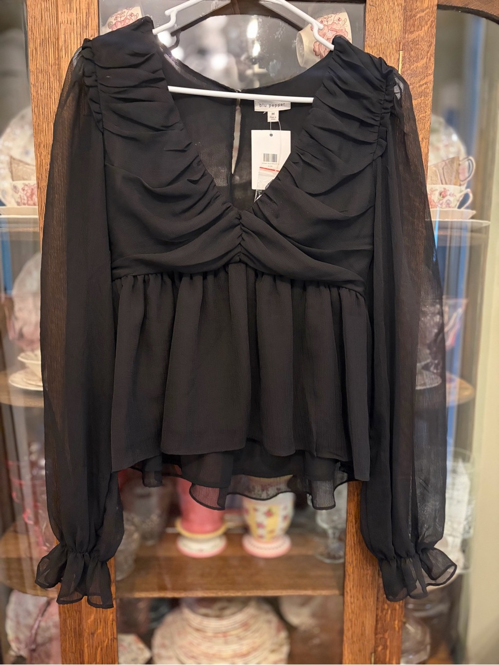 Blu Pepper Black Sheer Ruffled V-Neck Blouse